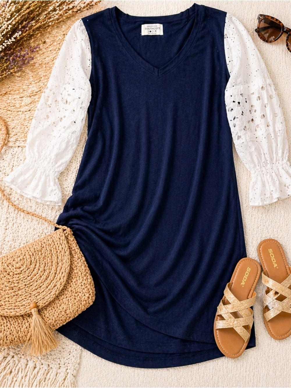 Southcott Navy Dress w/ Eyelet Lace Sleeves | Boho Chic Transitional | Size S